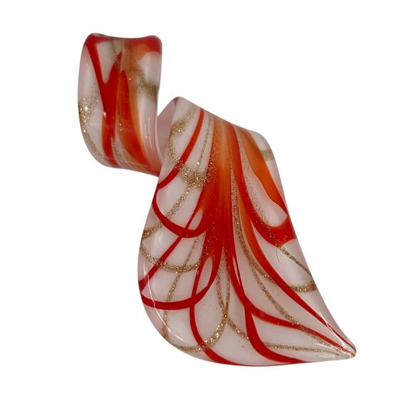 Art Glass Pendant Red White Gold Tone Swirls Artsy Handcrafted 2.25 Inch - Picture 1 of 7